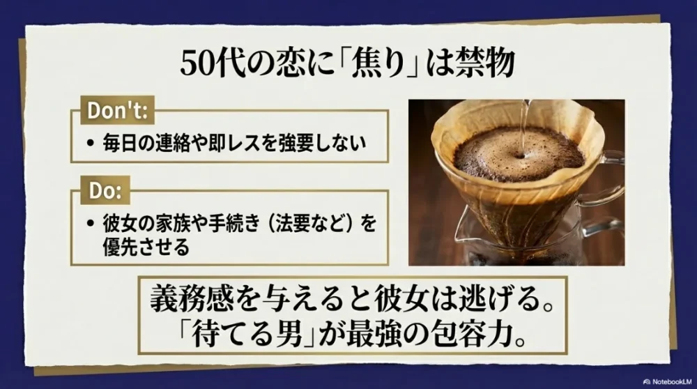 連絡の強要を避け、相手の家族や法要を優先する「待てる男」の包容力