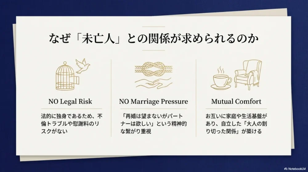 法的リスクなし、結婚のプレッシャーなし、自立した大人の関係という未亡人とのメリット解説