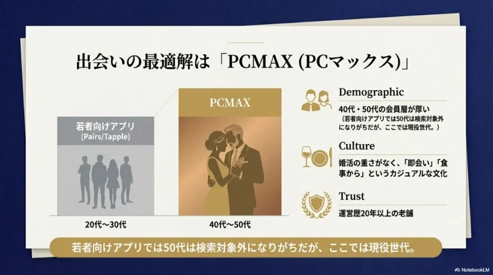 若者向けアプリとPCMAXの年齢層・文化・信頼性の比較スライド